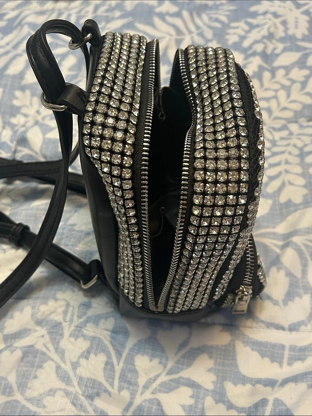 MMS Rhinestone Mesh Mini Backpack With Adjustable Straps and Front Zip Pocket